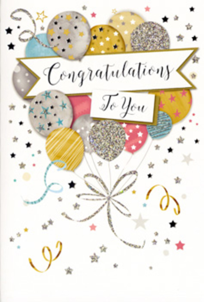 This image shows an understated yet glamorous congratulations card, its design centred around a bouquet of illustrated balloons that seem to hover lightly above the card's surface. Arranged in a loose, organic cluster, the balloons overlap one another in soft layers of champagne, pale gold, bright silver, slate grey, sky blue and rose-tinted pink. The colours are muted enough to feel elegant but bright enough to convey a clear sense of joy, similar to the relaxed, uplifting character of White City's green pockets and open spaces. Each balloon is embellished with subtle patterns and textures: some display neat vertical or diagonal metallic stripes, others are sprinkled with small, twinkling stars, and a handful are coated in delicate glitter that suggests a gentle, tactile shimmer. From the base of the balloon cluster, fine ribbons spill downward in smooth, curling lines drawn in shimmering golds and silvers, adding depth and movement as though stirred by a light breeze coming through an open window. Nestled across the centre is a gracefully curved banner, its edges slightly upturned, creating the impression that it rests lightly atop the balloons. The words Congratulations To You are written across this banner in flowing script, the lettering ornate but easy to read, like calligraphy lovingly crafted for a special occasion. Surrounding the main motif, the background is a soft ivory tone scattered with tiny stars, dots and swirling lines, echoing the look of celebratory confetti or streamers after a toast has been made. The mood of the card is joyful yet composed, making it suitable for a wide range of milestones-from academic successes and new roles to personal goals reached quietly at home. You can imagine this card positioned beside a fresh arrangement from Flowers White City on a hallway console, greeting the recipient each time they walk past and reminding them of how cherished their achievement truly is.