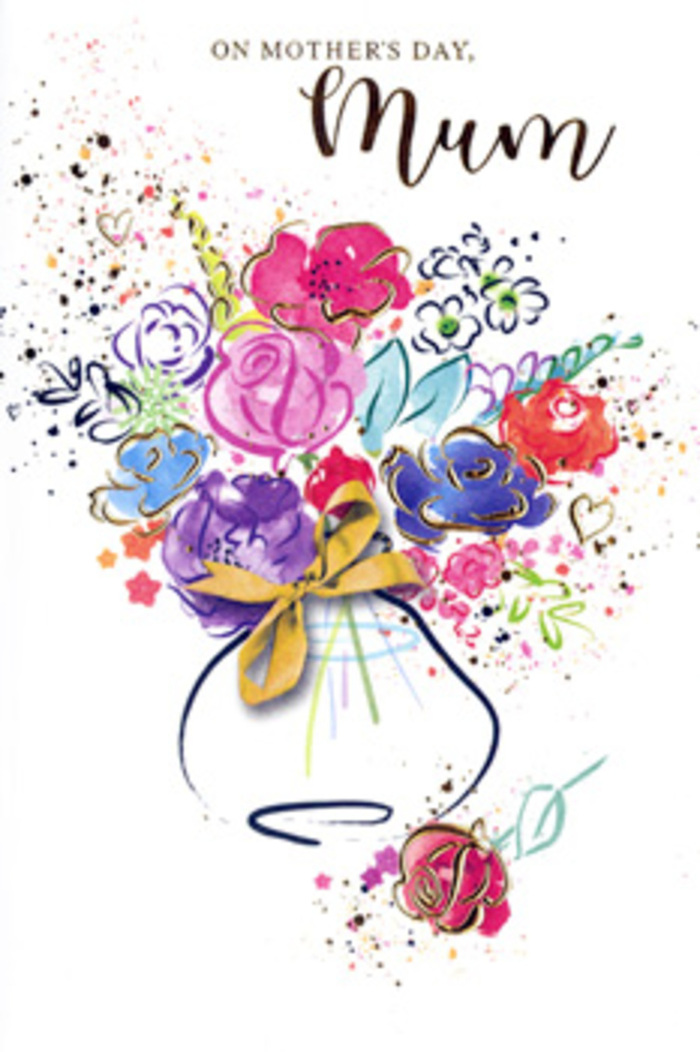 This Mother's Day card design features an exuberant, painterly bouquet that appears almost to sway across the page, the way a freshly arranged vase of flowers might catch the eye in a White City window. Dominant blossoms in hot pink, cerise, and deep magenta create a lively focal point, each petal formed from loose washes of colour framed by gentle indigo outlines. Around them, softer dabs of apricot, lilac, and pale blue mingle, suggesting an assortment of garden favourites gathered at their peak. Fine touches of gold highlight petals and stems, tracing delicate lines that shimmer against the white background and adding a sense of luxury and warmth, much like the finishing details seen on bouquets prepared near Wood Lane and the bustling Westfield London centre. The bouquet sits in a softly rounded vase, painted with light, almost translucent strokes, its neck wrapped with a slim golden bow that hints at thoughtful wrapping and personal attention. Sprinkled around the main cluster of flowers are tiny hearts and scattered paint splashes, like confetti or petals caught in a gentle breeze, amplifying the joyful, celebratory tone. The composition feels airy yet deliberate, every bloom placed to convey affection, admiration, and the deep, enduring bond between mother and child. The card captures the sensation of a freshly picked spring bouquet transformed into artwork, making it ideal for sending heartfelt thanks to mums across White City, whether they are relaxing at home or out enjoying the nearby parks and leafy residential streets.