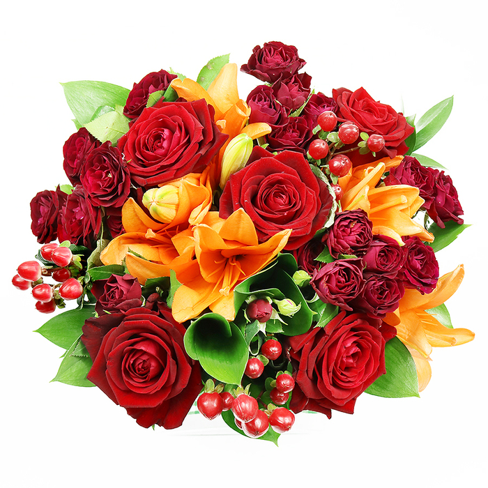 Seen directly from overhead against a spotless white background, this sumptuous bouquet reads like a jewel-toned study in reds, oranges and green. Several large, deep red roses dominate the scene, each bloom unfurling velvety petals that create a soft, tactile centre of classic romantic imagery. Woven through and around these are vibrant orange Asiatic lilies, identifiable by their trumpet forms and dark flecking; some lilies are fully open with visible stamens, while others sit in partially unfurled stages that add a sense of unfolding life. Rich clusters of small, wine-hued spray roses contribute dense, textured pockets that bridge the scale between the big roses and the lilies, lending complexity and a layered, painterly depth. Glossy hypericum berries in a cheerful ruby tone are tucked into the greenery, catching light and providing bright, rounded accents amid the petals. Broad, glossy green foliage - suggestive of ruscus or salal - fans gently between stems, its cool sheen offering contrast and structural support to the warm florals. The overall composition is densely packed, circular, and intentionally balanced so the eye moves from rose to lily to berry without pause. Soft, diffuse lighting flattens harsh shadows and lets each texture register clearly: the velvet softness of roses, the firm, waxy petals of lilies, the smooth skins of berries and the crisp edges of foliage. This bouquet would be equally at home gracing a dining table in a White City terrace, celebrating an anniversary, or serving as a vivid autumnal gift that feels both sumptuous and heartfelt.