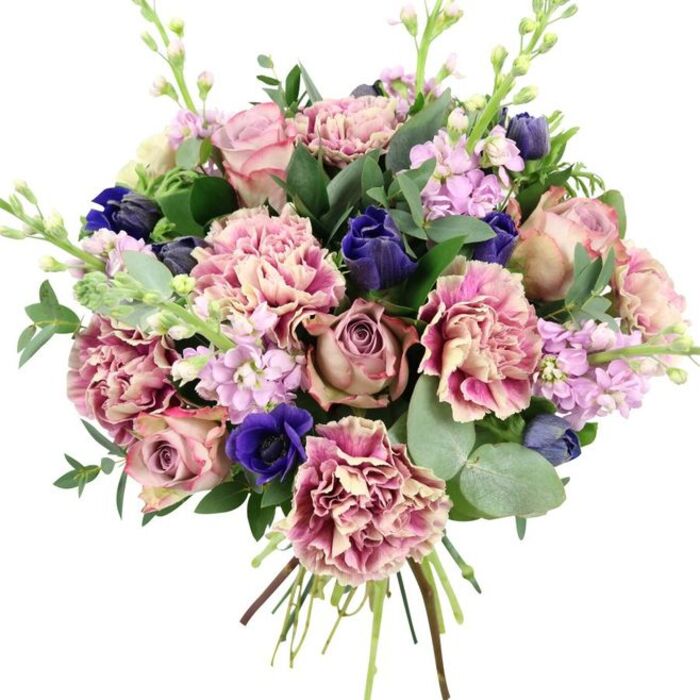 This carefully composed bouquet, photographed against a bright white background, showcases the skilled hand of a local White City florist with an eye for both colour and form. Dominating the centre are lush garden roses in tones of blush pink, dusty mauve, and antique rose, each bloom opening in layered spirals that evoke classic romance. Around them gather abundant carnations, their frilled petals shifting from pale cream and soft blush at the heart to deeper rose and plum along the edges, creating a richly textured halo that makes the bouquet appear full and generous. Woven among these softer hues are deep indigo and royal blue blossoms, including sleek, bud-like forms and at least one open anemone whose vivid blue petals and dark, inky centre offer a striking counterpoint to the pinks. Delicate spikes of lilac and pale lavender stock rise through the arrangement, covered in countless small flowers that add airiness, scent, and a sense of vertical lift, like wild blooms catching a breeze beside local paths near Hammersmith Park. Surrounding the flowers, an abundance of foliage provides balance and freshness: round, silvery eucalyptus leaves drape gently, catching light on their cool surfaces, while darker, glossy greenery tucks into gaps and frames the palette. The stems at the bottom are clearly visible, gathered into a tidy bundle and cut evenly, ready for same-day delivery from Flowers White City to homes and offices across the area, from Shepherd's Bush Green to the quiet residential streets nearby. With its harmonious blend of romantic pinks, tranquil purples, and dramatic blues, this bouquet feels ideal for anniversaries, new baby celebrations, special birthdays, or as an elegant centrepiece for an intimate dinner at home.