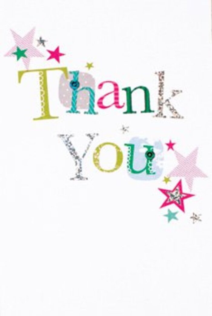 There's an understated exuberance woven through this thank you card's elegant design-much like the vibrant spirit found in the heart of White City. The phrase 'Thank You' emerges in fluid, graceful lettering; each character offers its own personality, from whimsically spotted and playfully curved, to subtly shining in silvery hues similar to morning light over Television Centre. Bright stars, some striped in vivid pinks and others glowing in rich turquoise, gather near the words as if sprinkling a blessing of cheer. The composition feels contemporary and sophisticated, yet always welcoming, mirrored by the tranquil white background that lets each detail sparkle. Perfect for pairing with any bouquet-be it for a neighbour on Bloemfontein Road or a friend celebrating at Loftus Road-this design delivers gratitude that feels as genuine as a shared smile. The card's warmth and artistry capture the thoughtful service that defines Flowers White City's approach to every arrangement.