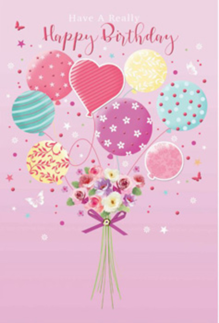 An uplifting birthday illustration unfolds across a blush-pink background, evoking the light and airy feel of a celebration in White City on a bright spring day. Floating gracefully at the centre is a cluster of pastel balloons, each one rendered with a soft, glossy sheen. Colours drift from pale sunshine yellow to rosy fuchsia and calming lavender, interspersed with cool sea greens that balance the composition. Several balloons are decorated with looping ribbons of colour, while others display rows of neat polka dots or delicate floral motifs. Their varied patterns create a sense of playful rhythm, like decorations carefully chosen for a party along the quieter residential streets off Wood Lane. At the base of the design, a hand-tied bouquet provides a grounding focal point. Petite roses and daisy-like blossoms gather together in a rounded cluster, their petals shaded from cream to rose and gentle mauve, as if just touched by morning light. The flowers appear soft and velvety, with each layer of petals carefully defined, reminding you of a bouquet that has just been arranged for delivery from Flowers White City. The stems are secured with a sparkling purple bow, its satin-like texture catching the light to add a subtle glimmer. Around the bouquet and balloons, small butterflies and star-like sparkles hover and swirl, giving the impression of movement and gentle joy, like confetti and petals caught in a breeze in a nearby park. The entire composition whispers happiness and care, transforming a simple birthday greeting into a tender, artful expression of celebration and affection.