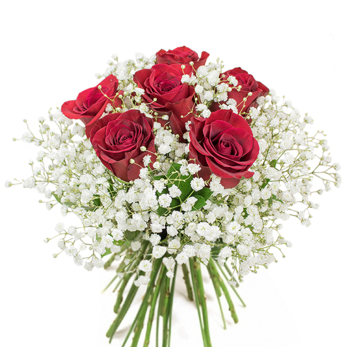 Bathed in soft daylight on a white background, this elegant floral creation embodies the thoughtful artistry found at local White City flower shops. Six red roses, in nearly full bloom, make an assertive yet romantic statement-their velvety petals showcase a rich, saturated crimson that invites both admiration and intimacy. Interspersed generously among them, white baby's breath forms a misty, cloud-like embrace, elevating the bouquet's radiance and lightness. The structured gathering of fresh green stems at the base highlights the care and precision familiar to White City's dedicated florists. This harmonious interplay of bold red and pure white-reminiscent of moments enjoyed along South Africa Road or past the striking architecture of Television Centre-sends a message of enduring affection or heartfelt congratulations. Each blossom, each texture, is thoughtfully positioned for visual rhythm and natural beauty. Whether meant for a milestone, an anniversary, or simply as an unexpected surprise to brighten someone's day in the local area, this arrangement channels classic elegance with contemporary West London flair.
