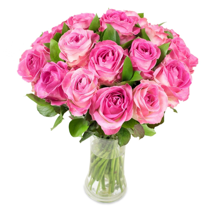 Presented on a stark white surface, this opulent cluster of about twenty-four pink roses reads as a study in colour gradation and floral form. Each bloom unfurls in a precise spiral, the innermost petals exhibiting richer fuchsia and magenta hues that fade into delicate blush and creamy edges on the outer layers. The roses are arranged tightly together to create a full, rounded mass; dark green foliage slips through the composition, framing the heads and lending contrast that heightens the vibrancy of the petals. The bouquet sits in a clear glass vase that narrows slightly at the waist before flaring at the top and base, a shape that keeps the stems neatly gathered while allowing the flowers to breathe. Visible through the glass, the crisp green stems are submerged in clean water, reinforcing the sense of freshness and recent harvest. Under bright, even lighting every petal's velvety surface catches a soft highlight, and you can almost sense the faint, sweet perfume typical of freshly cut garden roses-an aroma that brings to mind walks past Westfield London or the quieter streets by the former BBC Television Centre. Crafted with an eye for balance and longevity, this arrangement is ideal for weddings, anniversaries, or as a refined gesture of devotion, offering both visual impact and the reassuring handiwork of a local florist who knows the tastes of the White City area.