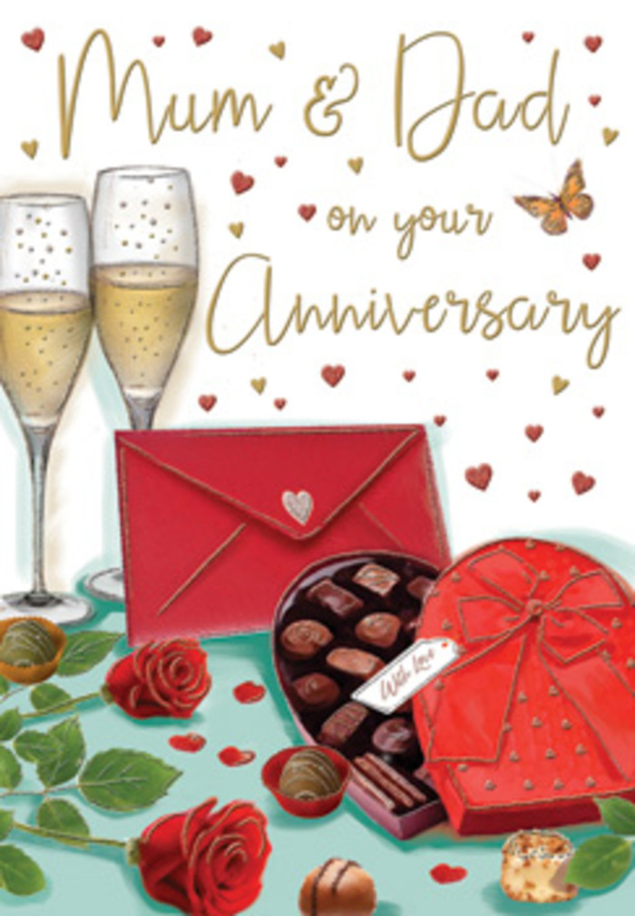 This anniversary card artwork unfolds like a softly lit celebration scene that could easily belong to a White City home, lovingly arranged to honour parents who have shared many years together. Dominating the composition are velvety red roses, their petals drawn with sumptuous depth, ranging from dark ruby at the centre to brighter crimson at the edges, giving the impression of freshly picked blooms arranged by an attentive florist. Their rich tones are softened by surrounding green foliage, with leaves that curve naturally, adding movement and balance. Nestled close to the flowers is a heart-shaped box of chocolates, its casing shaded in deep red and topped with a generously tied bow that looks like satin, the folds and highlights conveying a sense of tactile luxury. The lid is open, displaying a tempting selection of chocolates arranged in neat rows, each one distinct, as if promising a different flavour for each shared moment. Behind this, two tall, slender champagne flutes stand shoulder to shoulder, filled with sparkling golden champagne, the bubbles illustrated in fine detail to suggest a gentle, celebratory fizz. Scattered across the soft background are small gold and crimson hearts, swirling around a warm greeting to Mum & Dad, their placement and varying sizes creating a sense of joy and lightness. Nearby, a scarlet envelope lies ready, its clean lines and sealed flap hinting at a personal note lovingly written earlier that day in a White City kitchen overlooking tranquil residential streets. The scene glows with understated warmth, evoking the clink of glasses, the subtle scent of roses, and the comforting certainty of a love story that continues to grow in this corner of West London.