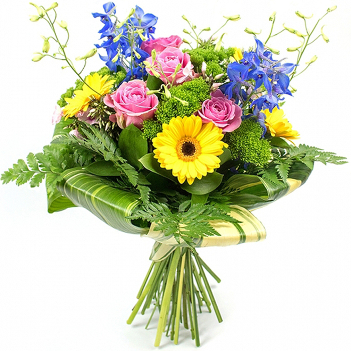A beautifully balanced hand-tied bouquet is shown upright against a bright white background, its colours clear and saturated, as though freshly prepared for delivery across White City. Dominating the centre are several open pink roses, their petals curled outward in layered spirals that create a soft, romantic focal point. Intertwined with the roses, cheerful yellow gerbera daisies with pronounced dark brown centres stand forward, their evenly spaced petals forming flat, daisy-like discs that add a sense of energy and sunshine to the arrangement. Rising behind and above, tall stems of deep blue delphinium-style flowers create graceful vertical lines, each spike composed of numerous small florets that bring cool colour and elegant height, reminiscent of the clear blue glimpses of sky above the White City estate. The bouquet is framed by an array of expertly chosen foliage. Fine, feathery fern fronds emerge from the lower edges, softening the outline and adding a slight, natural movement. Broad, glossy green leaves-some marked with subtle lighter stripes-are artfully wrapped around the lower portion of the flower heads, forming a smooth, architectural collar that supports and highlights the blooms. Tucked between the larger flowers are dense tufts of vivid green filler flowers and textured foliage that resemble small cushions of moss, providing volume and a sense of garden freshness, as if picked from a well-tended patch near Wormwood Scrubs Park. Slim, upright stems topped with small unopened buds extend delicately upwards, lending an airy, evolving quality. At the bottom of the image, the neatly gathered stems are clearly visible, bound together and wrapped in pale cream or light green paper, tied with a simple fastening, giving the bouquet a finished, gift-ready appearance suitable for birthdays, thank-you gestures, or congratulations delivered anywhere in White City.