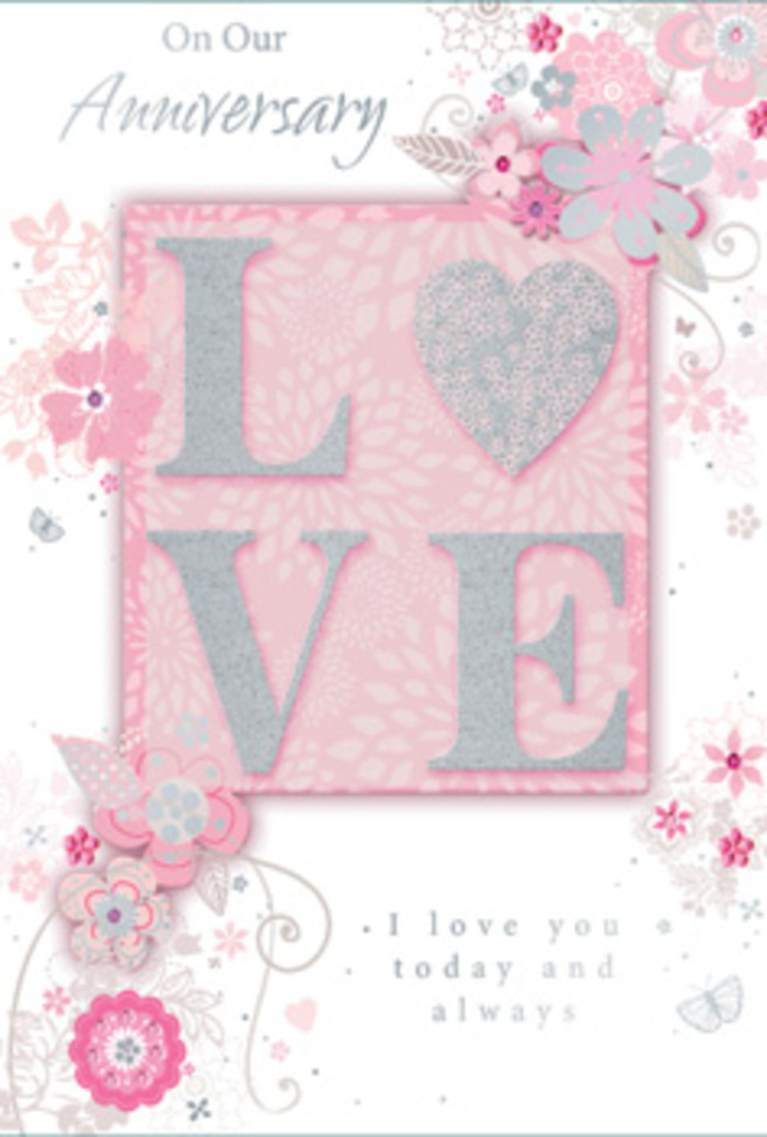 This anniversary card feels like opening the door to a sunlit living room in White City where love has quietly taken root over many years. Dominating the design is the single word LOVE, rendered in an elegant, frosted glitter that rises ever so slightly above the card's surface. The glitter has a soft, milky shimmer, catching light in a way that recalls the delicate sheen of petals in a fresh hand-tied bouquet. The letters sit against a background of soft blush pink, smooth and velvety, forming a comforting canvas. Around this central motif, wispy, hand-drawn blooms drift along the borders and edges. Their petals are shaded in harmonious tones of pink, lilac, and ivory, mingling gently without sharp contrast. Each flower is sketched with fine, confident strokes, suggesting the light touch of an experienced florist arranging stems in a vase on a sideboard overlooking the tree-lined streets around White City. Between the blossoms, slender leaves and filigree lines weave in gentle arcs, with tiny, almost-hidden butterfly shapes peeking from corners and gaps. These butterflies are suggested more than detailed, inviting the viewer to lean closer and discover them. The card's message-an affirmation of love today and always-is placed in a calm, understated typeface beneath the central word, the text spaced generously so it feels like a deep breath between partners. The entire composition carries a sense of stillness and gratitude, as though the years together are being slowly savoured. Visually, it reads like a paper translation of a pastel-toned anniversary arrangement: graceful, layered, and quietly fragrant with sentiment.