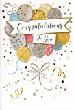 The congratulations card depicted here feels like a small, sophisticated party captured in stillness, the kind you might find propped on a kitchen shelf in White City after a special announcement. At the heart of the card, a cluster of balloons rises in a loose bouquet, gently overlapping to form a soft, rounded shape that naturally draws the eye upwards. These balloons are rendered in a refined palette of champagne gold, brushed silver, pale grey, powder blue, and delicate blush pink, with each shade chosen to harmonise and create a polished yet celebratory look. Some balloons are left smooth and luminous, others are lined with slender metallic stripes, and several are dusted with tiny stars and sparkles of glitter that seem to glitter as if catching late-afternoon light from a nearby White City balcony. From the lower edge of the cluster, long, narrow ribbons tumble gracefully downward in light-catching gold and silver tones, looping and curling into relaxed spirals that add a sense of dance and movement. Stretching across the middle of the design is a wide banner, slightly arched as if lifted by the balloons themselves. In flowing, decorative calligraphy, it carries the phrase Congratulations To You, the sweeping letters giving the message a formal yet heartfelt tone, as though written especially for the person receiving it. Around this central scene, the background is a soft, warm white scattered with delicate metallic stars, dots and swirling lines, echoing the carefree tumble of confetti at the end of a joyful gathering. The overall feeling is one of warm pride and gentle festivity, perfect for acknowledging milestones such as graduations, promotions, new ventures or personal triumphs. Imagined alongside a fresh bouquet from a local White City florist, this card would mark the occasion with glowing admiration and a touch of graceful sparkle.
