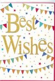 The photograph shows a charming Best Wishes card whose design captures the energy of a small celebration unfolding against a serene white backdrop, much like a bright afternoon by White City's green spaces. The card's surface is a clean, smooth white, and in the centre, the message Best Wishes is written in flowing golden script. The lettering is slightly raised, with a glittering metallic sheen that catches the light in gentle sparkles, making the words appear almost luminous. Framing this central greeting, strings of decorative bunting arc above and below, creating an inviting, cradle-like shape. Each tiny triangular flag hanging from these lines is individually coloured-bold blues and reds, lively greens, yellows, and pinks-many adorned with delicate stripes, dots, or small geometric designs. The varied patterns add a handcrafted charm, as if each pennant has been thoughtfully chosen. Between the arcs of bunting, small stars and round confetti-style dots are scattered in coordinating hues, adding a playful sprinkle of movement that suggests confetti drifted through the air during a moment of joy. Their loose, organic placement keeps the design light and spontaneous rather than overly formal. Overall, the card gives off a feeling of optimism, support, and shared happiness, making it perfect to accompany congratulatory flowers from Flowers White City. You can easily imagine it travelling with a bouquet to a new apartment near Wood Lane, to celebrate a promotion by White City Place, or to send warm encouragement to someone embarking on a new chapter. The combination of bright colour, subtle sparkle, and generous white space ensures the card feels modern, heartfelt, and ready for any special occasion worth celebrating.