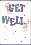 A cheerful sense of optimism radiates from this illustrated get well card, echoing the caring community of White City and its quiet, everyday acts of support. The scene is brought to life by a lovable teddy bear and an exuberant puppy, both skillfully drawn with plush, soft textures and gentle, inviting eyes. Together they balance and hold the bold, vibrant 'Get Well' message-letters rendered in confident hues of indigo and teal that bounce energetically against a clean, soft cream background. Star-shaped accents in shades of blue and purple scatter across the card, imparting a whimsical, hopeful mood, much like seeing little bursts of colour in a springtime bouquet on Uxbridge Road. The expressive faces and fluffy fur of the characters offer a tactile sense of comfort, inviting a feeling akin to receiving flowers from a thoughtful friend. The card's light, airy design is ideal for sending encouragement and gentle reassurance to someone in recovery throughout White City, making it an emotional balm that brightens even the most subdued days.