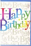 This image presents a birthday card that seems to bottle the cheerful atmosphere of a White City celebration, even in its stillness. The phrase Happy Birthday spans the card in big, friendly letters, each one formed with a silky gradient of colour that flows seamlessly from shade to shade: from bold crimson to warm orange, sunlit yellow, lively green, sea-toned teal, clear sky blue, and finally a deep, party-ready purple. The colours feel vivid yet gracefully blended, much like the shifting hues of shopfront lights and café interiors around White City in the evening. Behind this commanding, rainbow-coloured text, the background is completely filled with graceful golden script, writing out Happy Birthday to you again and again in an elegant, cursive style. The gold script glimmers with a light dusting of sparkle, catching highlights as though illuminated by gentle overhead lighting, similar to the glow inside the boutiques and restaurants near Westfield. This shimmering backdrop creates a sense of depth and warmth, supporting rather than overshadowing the main message. In the spaces around the letters, tiny, jewel-like dots and star shapes appear in bright accent colours, echoing scattered confetti or distant fairy lights at a birthday gathering. The card's surface appears smooth and lightly glossy, enhancing the interplay between the bold, colourful lettering and the fine metallic details. Overall, it suggests a design that perfectly bridges playful and polished-a card a White City florist could tuck beside a vibrant bouquet, ready for same-day delivery to homes, offices, and studios along Wood Lane, near Television Centre, or in the residential streets that thread through the neighbourhood.