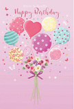 A whimsical birthday scene is painted against a soft pink backdrop, capturing the spirit of a light-hearted celebration in White City. At the bottom of the composition, a dainty bouquet of flowers is gathered in a neat cluster. Its blooms-delicate roses and anemone-like blossoms-unfold in creamy ivory, blush pink, and muted mauve, with each petal softly layered and slightly ruffled, suggesting velvety texture. The stems are bound with a violet satin bow that gleams gently, as though just tied by a careful florist's hand. From this floral base rises a parade of pastel balloons, appearing to hoist the bouquet gently toward the sky. Each balloon has its own character: some twirl with candy-coloured stripes in teal, rose, and lemon; others are sprinkled with cheerful polka dots; and at the centre, a heart-shaped balloon glows with affectionate pink, symbolising warm birthday wishes. The balloons look smooth and slightly translucent, their surfaces catching light as if reflecting the open sky above the local streets and gardens. Around the flowers and balloons, tiny stars and fluttering butterflies are scattered, suggesting magical movement, like confetti drifting after a party near the White City bus station. Light seems to pour in from above, illuminating the pastel hues and giving the petals and ribbons a gentle radiance. The composition feels airy, joyful, and enchanting, the sort of image that turns a simple birthday message into something memorable and heartfelt, as if the entire bouquet were ready to float through a nearby doorway and surprise someone you care about.