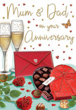 This tender anniversary card illustration presents a romantic still life that feels right at home in a White City living room, where a special evening has been thoughtfully prepared for Mum & Dad. At the heart of the image, two lush red roses lie together, their petals rendered in deep shades of ruby and crimson, with a velvety texture that suggests freshly cut flowers arranged just moments ago. The roses nestle among glossy green leaves that curl and overlap, adding depth and a touch of natural elegance. Beside them sits an open heart-shaped chocolate box, its rich red exterior and wide satin bow drawn with gentle highlights that make the ribbon appear soft and luxurious. Inside, an assortment of chocolates is neatly cradled, each piece distinct in shape, hinting at different flavours waiting to be discovered and shared. Rising behind this intimate arrangement, a pair of tall champagne flutes stand close together, filled with pale golden champagne that sparkles with fine bubbles, as if caught in the glow of evening light filtering through a White City window. Tiny hearts in gold and crimson float across the pale background, drifting around a handwritten-style message for Mum & Dad, adding a playful, affectionate touch. A vivid red envelope lies nearby, its flap neatly closed, suggesting a heartfelt card inside, perhaps written after a walk through nearby parks or past the iconic BBC buildings. The overall composition feels warm and inviting, a gentle tribute to enduring love, family closeness, and the quiet joy of marking another anniversary together in White City, with roses, chocolates, and champagne as faithful companions.